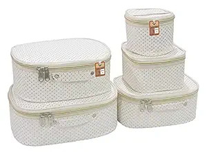 atorakushon Fabric Dotted Cream Makeup Storage Box Travelling Vanity Cosmetic Toiletry Bag Necklace Wardrobe Organizer Jewellery Pouch for Women