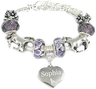 Charmed Jewellery SanaBelle™ Horse Personalised Engraved 6mm Purple Crackle Glass & 4mm Silver Ball Bracelet - Various Sizes with Your Choice of Engraving.
