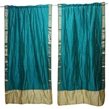 Mogul Interior 2 Indian Sari Curtain Drape Blue Window Treatment Boho Home Decor 84x44