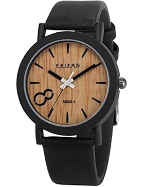 AMPM24 Herren Armbanduhr Analog Holzmaserung Ziffernblatt Schwarz Leder Band Quarzuhr WAA774