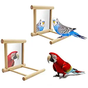 okdeals Blessed Family 2 Piece Bird Parakeet Mirror for Cage,Parrot Perch Stand,Wooden Hummingbird Swing Toy,Parakeet Accessories for Cockatiels Conure Finch Lovebird Canary African Grey Macaw
