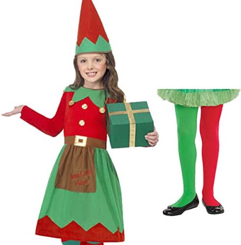 Blue Planet Fancy Dress ® Childrens Kids Girls Elf Santas Little Helper Costume &amp; Tights (Large 10-12 Years)