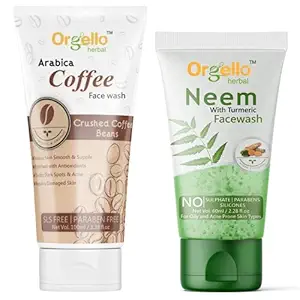 Orgello Coffee Face Wash 1 X 100 ml | Neem And Turmeric face wash 1 X 60 ml | Men Women Girls Boys Normal Oily Dry Skin | Paraben Sulphate Free | Pack of 2