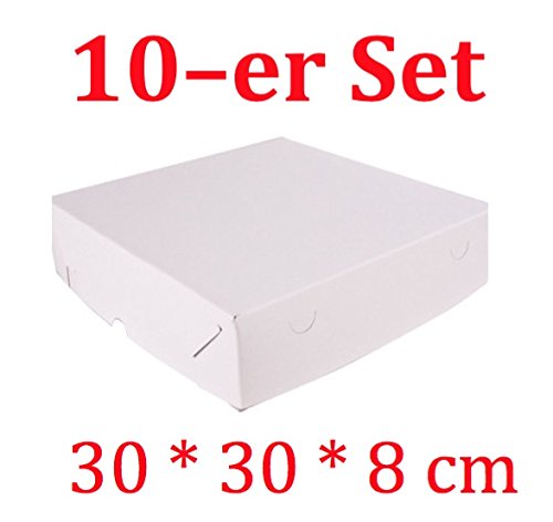 Tortendeko 10-Tortenkartons, mit Deckel, Pappe eckig 30 x 30 x 8 cm, weiß