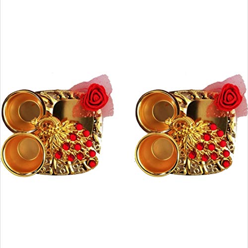 Pooja thali with Kumkum Cum Sindoor Bowl from iHandikart (3.2x3.6 inch) Designer Mlticolor Pooja Thali, Rakhi Pletter,Tilak-Arti Traditional Rakhi Pooja Thali Special for Festive Thali,(Pack of 2)