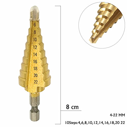 JTENG HSS Hex Shank Pagoda Profi Stufenbohrer Schälbohrer Schälbohrersatz 4-22mm Konusbohrer Kegelbohrer Fräser – Gold - 2