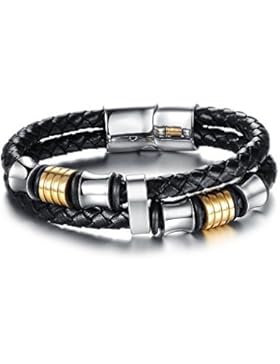 GOOD.designs Herrenarmband in Schwarz mit silbernen Titan-Perlen, schwarzes Lederarmband, Magnetischer Verschluss...