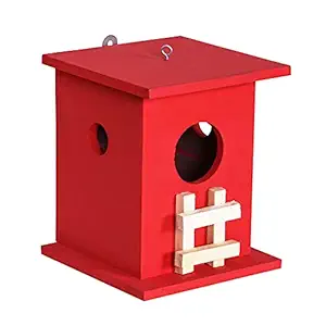 Cket Bird House Nest Breeding Box for Sparrow, Hummingbird, Kingfisher for Balcony and Garden Hanging Wooden with Hanging and Wall Patch (RED) (Pack of 1)