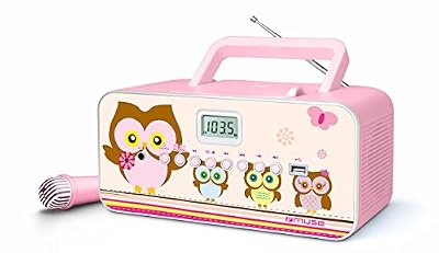 Muse M-29PK radio CD pour les enfants avec microphone et la fonction Sing-A-Long Karaoke (CD / MP3, USB, AUX-in écran LCD, antenne télescopique), rose avec des motifs de hibou