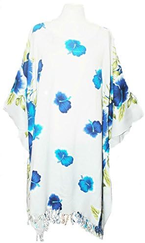 Happy Hawaiian Hut Ladies Kaftan Tunic Hawaiian Beachwear Bikini Cover Up One Size Fits All Freesize Large Plus (White/Blue Hibiscus)
