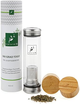 Tea Maker 360 ° Togo Bottle Thermo Cup Tea and Coffee Maker with Infuser Fruit Infusor Fruits Teapot Double-Walled Glass and Stainless Steel Tea Strainer, Stainless Steel Lid BPA Free with Bamboo Lid 450 ml + FREE THERMAL PROTECTION