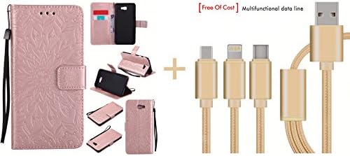 Samsung Galaxy J7 Prime Case,Huameng® [Gift] Multifunctional Data Line, Embossed Sun flower Pattern PU Leather Magnetic Closure Style Flip Wallet Cover for Samsung Galaxy J7 Prime-Rose gold
