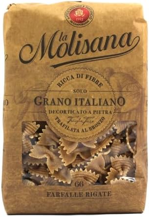 La Molisana, Farfalle Rigate Integrali n. 66, Pasta Integrale da Solo Grano Italiano - Trafilata al Bronzo, Ricca di Fibre, Ruvida e Tenace con Eccellente Tenuta in Cottura - Confezione da 500g