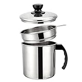 DISEÑO ELEGANTE: Equipado con pico vertedor para evitar fugas; con tapa para evitar el polvo y los insectos y mantener la higiene; con filtro de malla para filtrar pequeñas partículas del aceite de freír, conveniente para un segundo uso; con mango antideslizante para facilitar el agarre, evitar escaldarse.