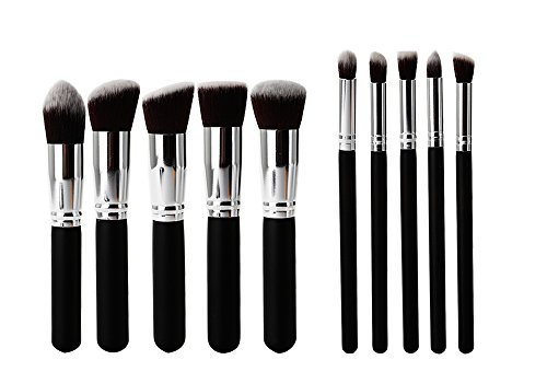 Professional Wooden Makeup Brush Set - 10 PCS Handle Cosmetic Kabuki Makeup Foundation Blending Brush Set Kit for Eyebrow Face Liquid Powder Cream (Black+Silver)
