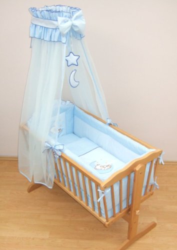 10 Piece Nursery Crib Bedding Sets 90x40cm Fits Rocking / Swinging Cradle (Bear Moon Blue)