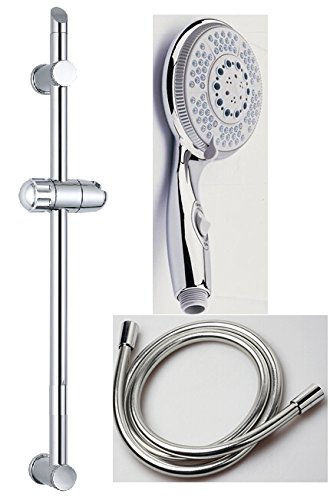 Duschsystem, Brausestange, Duschstange, Länge 600mm +760C Ausgezeichnet Design Handbrause, 120mm Größe, 6 Strahlarten mit Wasserabschaltung, Verchromt +Hochwertiger Duschschlauch, Robust, PVC Schlauch 150cm Silber Deluxe