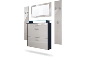 Vladon Malea Hallway Storage Set, Set da ingresso con 1 scarpiera a muro, 1 specchio a muro e 2 pannelli appendiabiti, antracite/grigio sabbia lucido