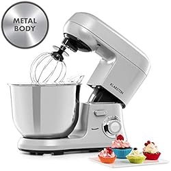 Klarstein Bella Robusta Metal - Robot culinaire multifonctions, Mélangeur planétaire, 1200 watts, 6 vitesses, Bol mélangeur de 5,5 litres, 3 accessoires, Argent