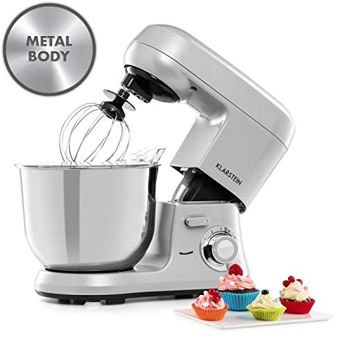 Klarstein Bella Robusta Metal - Robot culinaire multifonctions, Mélangeur planétaire, 1200 watts, 6 vitesses, Bol mélangeur de 5,5 litres, 3 accessoires, Argent