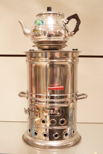 Samowar/ Semaver/ Teekanne mit Teekannenaufsatz für Camping, Garten, Terrasse, Picknick/ beheizt durch Holzkohle, Kohle oder Brennholz/ 5 Liter Fassungsvermögen