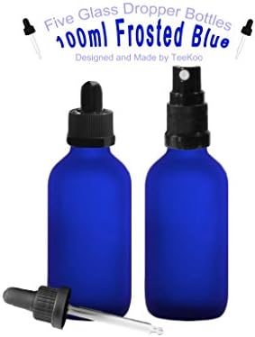 Five Glass Dropper Bottles with Child Proof Caps + 5 Additional Atomizer/Spray Caps (100ml, Frosted Blue)