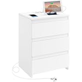 Yaheetech Bedside Table with Charging Station and 3 Drawers | 45.5 x 35.5 x 60.5 cm Vintage Bedside Table Cable 2M White for