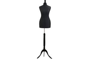Display Guru Female Tailors Dummy Mannequin, Ideal for Dressmakers, Fashion Students, Shop Display, Black Torso Bust With Black Wood Tripod Stand (UK Size 6/8)