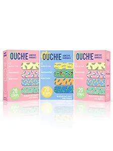 Aya Papaya Ouchie Non-Toxic Printed Bandages Combo Pack Of 3 (3 X 20= 60 Pack )- (2 X Pink & 1 Blue)