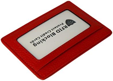 RFID Blocking Slim Genuine Leather Front Pocket Wallet Super Thin Minimalist Card Holder (Red with Id window)