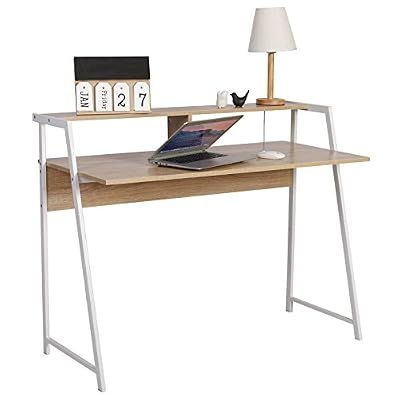 WOLTU TSG20hei Bureau d'ordinateur avec Étagère Table de Bureau en Acier et Bois Table de Travail PC Table d'ordinateur Portable,112x56x90cm (LxPxH),Chêne