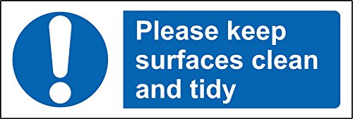 Mandatory signs Please keep surfaces clean and tidy Safety sign - Self adhesive sticker 150mm x 50mm