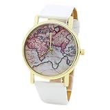 Sanwood Weltkarte Kunstleder Armband Lässige Armbanduhr Watch Uhr (Weiß)