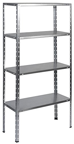 Metallregal, Schraubregal mit vier Böden. Metall, verzinkt. In Silber mit glänzendem Oberflächenfinish. Hält 40 kg pro Boden. 75 x 30 x 150 cm