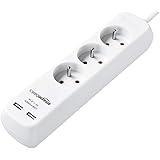 Amazon Basics Three Socket Extension Lead with 2 USB Charging Ports, 2 Metre, White