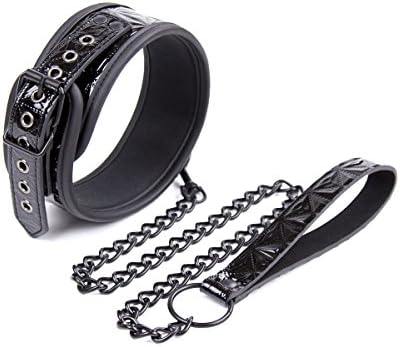Papapai Leather Choker Neck Collar with Detachable Chain Leash (Black)