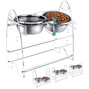 MO HAPPY Acrylic Elevated Dog Bowls for Large Dogs Medium Size Dog with 2 Thickened Stainless Steel Bowls and Up/Down 15?Adjustable Platform Raised Dog Bowl Elevated 3 Heights 5in/9in/12in for Dogs