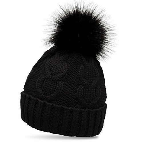 Caspar MU163 Bonnet d'hiver doublé pour Femme avec Torsades et Gros Pompon en Fausse Fourrure, Couleur:Noir, Taille:Taille Unique
