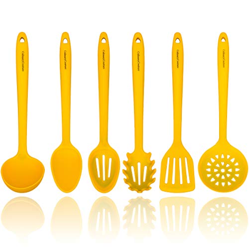 Jaune ustensiles de cuisine en silicone - Noyau intérieur en acier robuste - Spatule, cuillère, louche, service pour pâtes, écumoire et cuillère perforée - Ustensiles de cuisine résistant à la chaleur