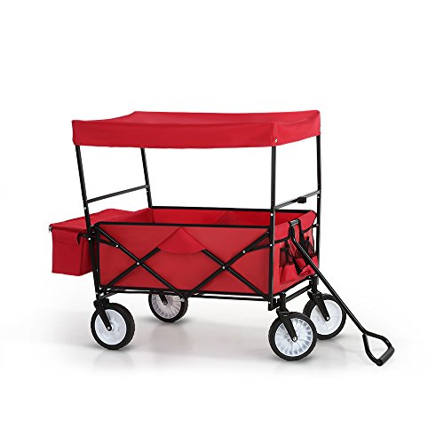 IKAYAA Bollerwagen Handwagen Transportwagen Klappbar mit Dach TC4208 Rot - 5