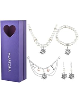MJARTORIA Damen Oktoberfest Schmuck Set Edelweiß Kette Armband Ohrringe Trachtenkette Charivari mit Perlen 4 Stück