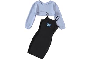 URMAGIC 2-teiliges Mädchen-Outfit, ärmelloses, figurbetontes Cami-Kleid und langärmliges Oberteil, kurzes Set, Herbst- und Frühlingskleidung für Mädchen im Teenageralter
