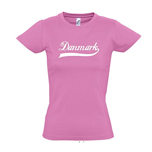 Damen T-Shirt – Dänemark Oldschool Danmark LÄNDERSHIRT EM / WM FAN Trikot S-XXL , Orchid pink – weiß , L