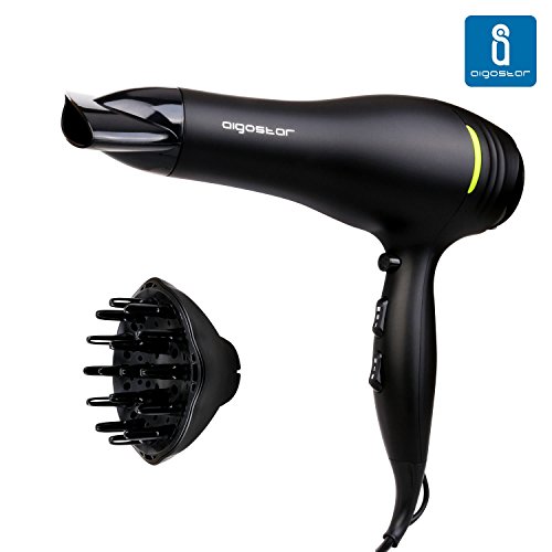 Aigostar Hannah 32GPJ - Secador profesional de pelo en color negro mate con difusor y accesorios. 2200 watios. Diseño exclusivo de Aigostar.