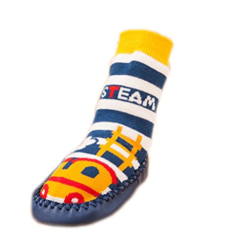 Moolecole Baby Boy Toddlers Kids Indoor Slippers Shoe Socks Moccasins ANTI SLIP Blue Steam Train 17cm