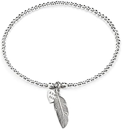 ANNIE HAAK 17cm Santeenie Silver Charm Feather Bracelet, Stackable Single Strand with Dainty Feather Charm, 925 Sterling Silver Bead Bracelet