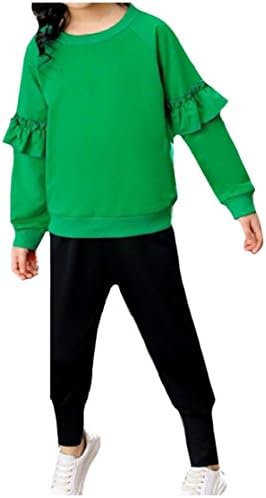 Energy Girls Kid Child Chic Soft Lace Trim 2 Pieces O-Neck Princess Long Sleeve Tops Pants Clothes Set Green 140cm