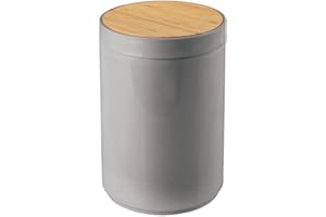 mDesign Swing Lid Bin – Bamboo and Plastic Rubbish Bin for Bathroom or Bedroom – Small Waste Bin with Swing Lid for Easy Access – Grey/Natural