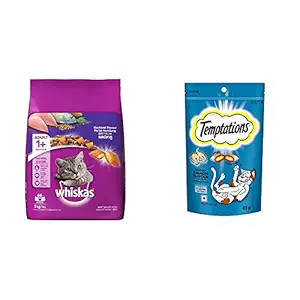 Whiskas Adult (+1 Year) Dry Cat Food Food, Mackerel Flavour, 3kg Pack & Cat Treat, Savoury Salmon Flavour - 85 g