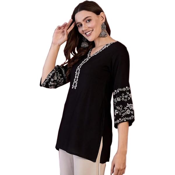 QAZMI Women's Short Kurti – Rayon Cotton Embroidered Tunic Top For Casual & Festive Wear - View #2